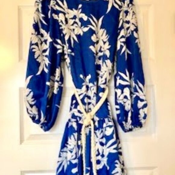 ALEXIS Silky Blue Mini Dress Floral Print Long Balloon Sleeves Rope Tie Belt S - Picture 3 of 6